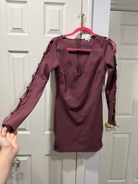 Tobi Plum Lace-Up Sleeve V-Neck Mini Dress